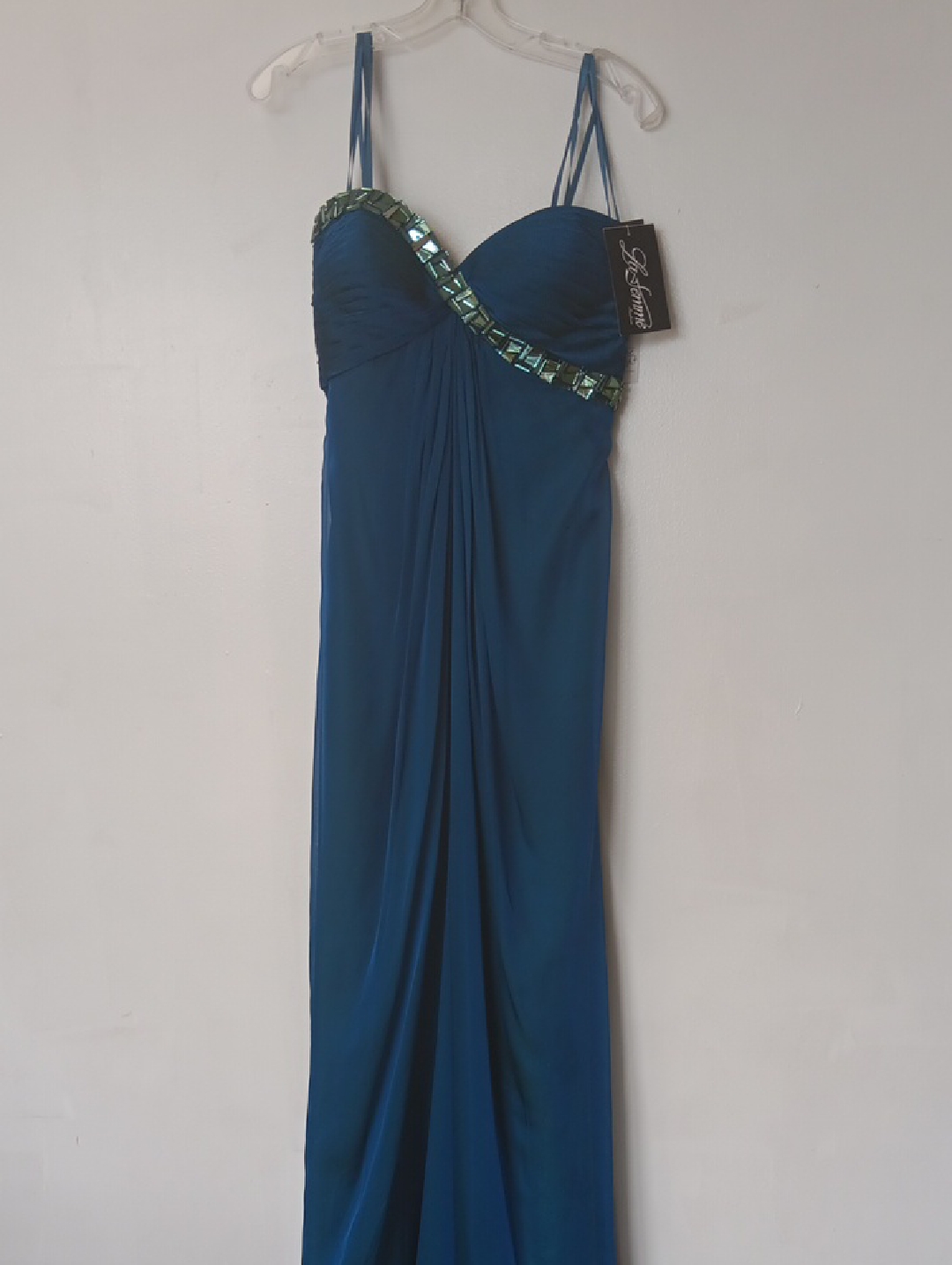 La Femme Midnight Blue Evening Gown With Beaded Accent - Women's Dress